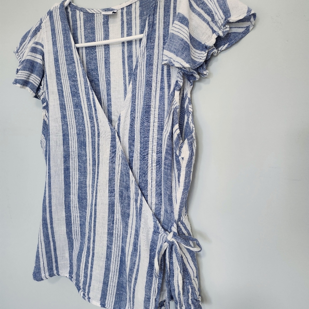 OLD NAVY Blue and White Linen Wrap Top, Size Small